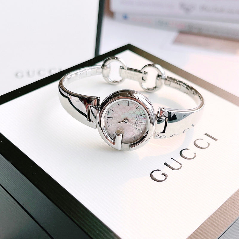 Shop Gucci Guccissima Diamonds Mother of Pearl Dial Silver Steel Strap Watch For Women - YA134303 in USA