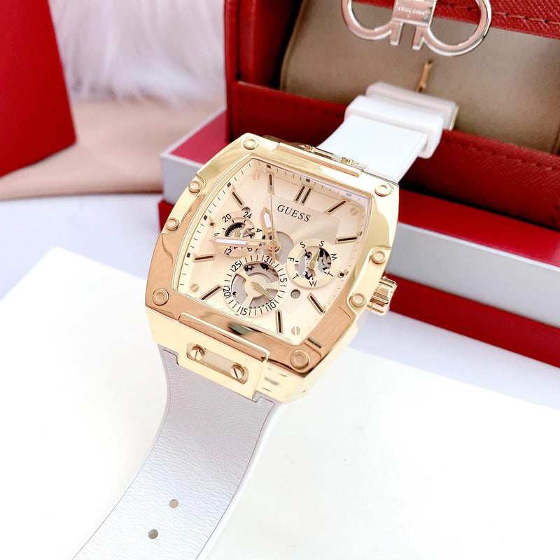 Guess Phoenix Multifunction Gold Dial White Leather Strap Watch for Men - GW0202G6 Buy Now By Guess