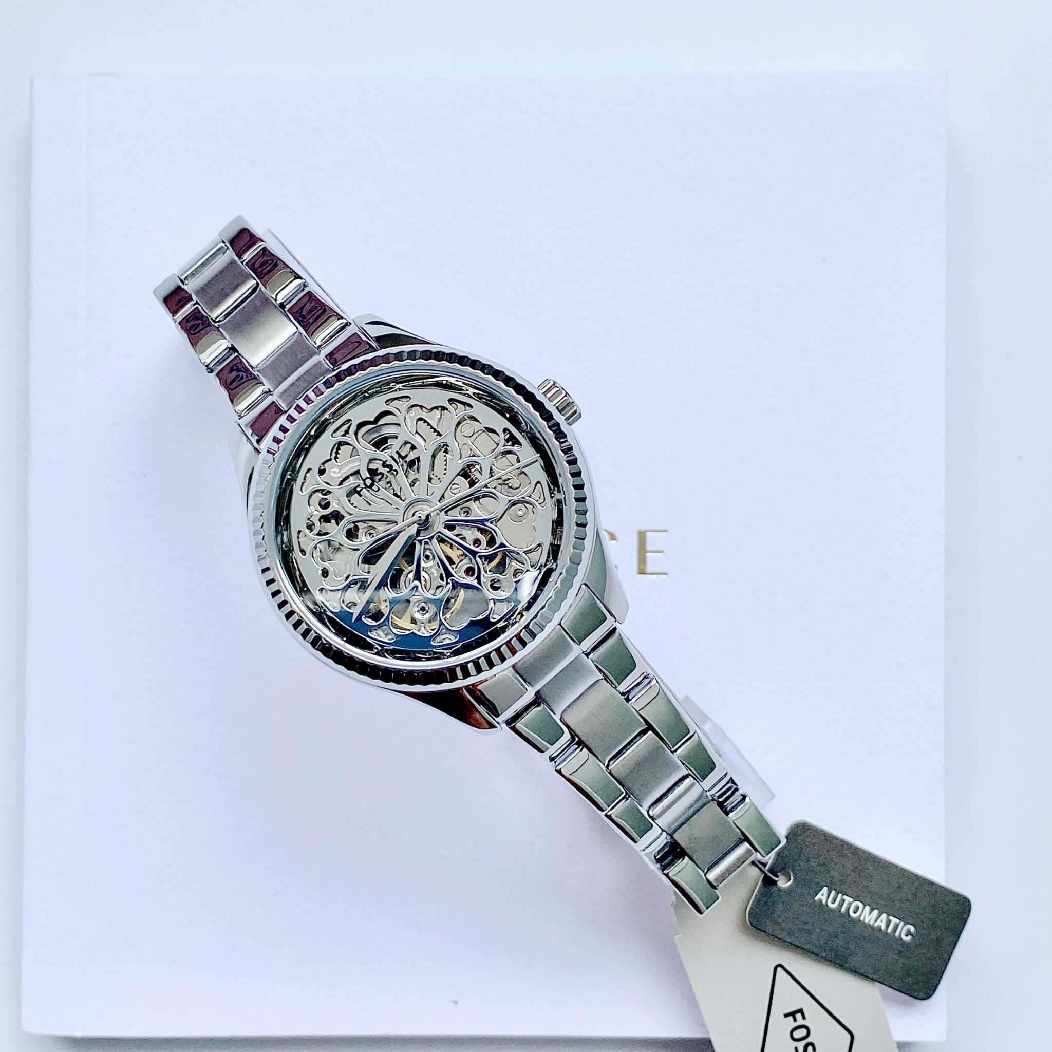 Fossil Rye Automatic Skeleton Silver Dial Silver Steel Strap Watch for Women - BQ3753