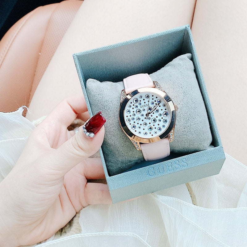 Guess Wonderlust Beige Dial Pink Leather Strap Watch for Women - W1065L1 Buy Now By Guess