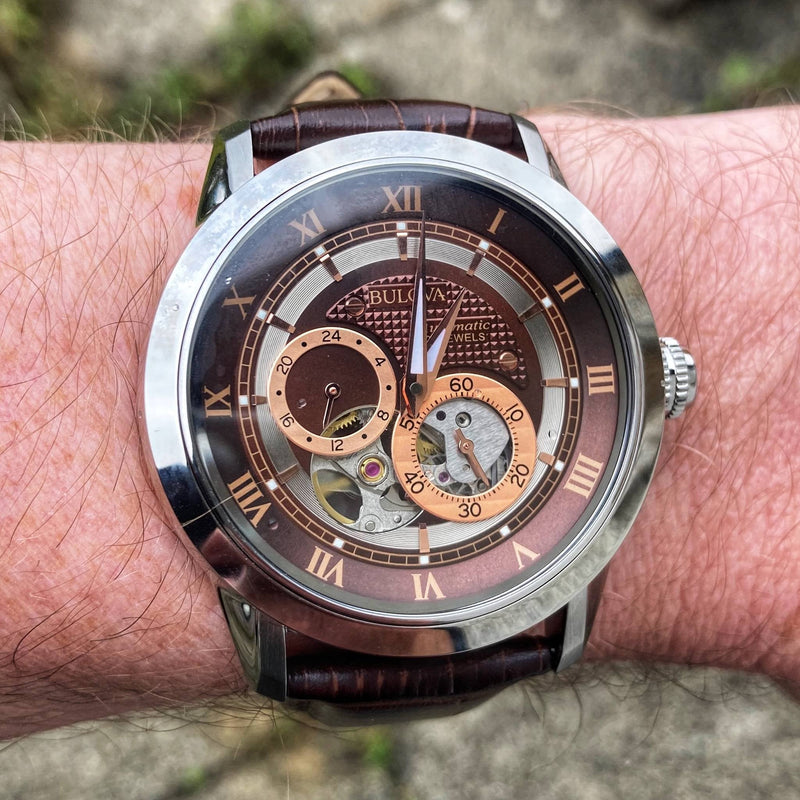 Shop Bulova Classic Skeleton Automatic Brown Dial Brown Leather Strap Watch for Men - 96A120 in USA