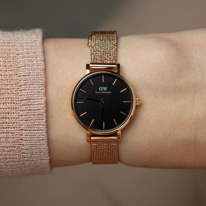 Daniel Wellington Petite Pressed Melrose Black Dial Rose Gold Mesh Strap Watch For Women - DW00100440 Buy Now By Daniel Wellington