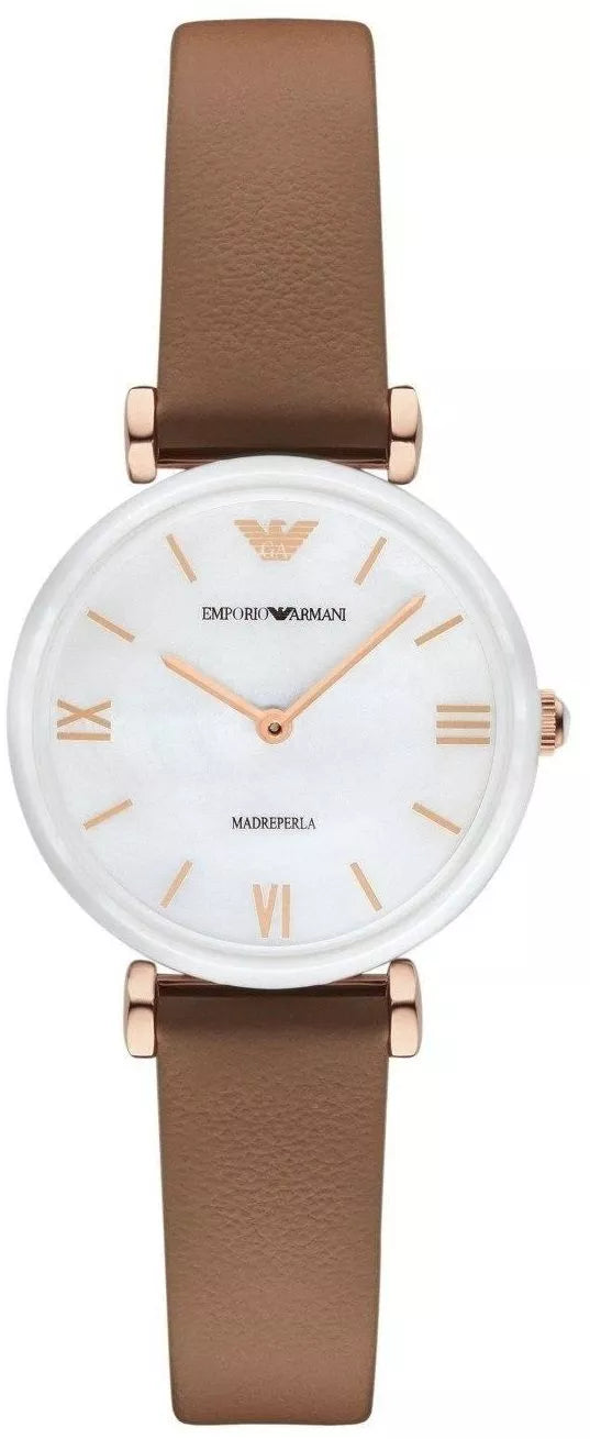 Emporio Armani Gianni T Bar Quartz Mother of Pearl White Dial Brown Leather Strap Watch For Women - AR11040 Buy Now By Emporio Armani