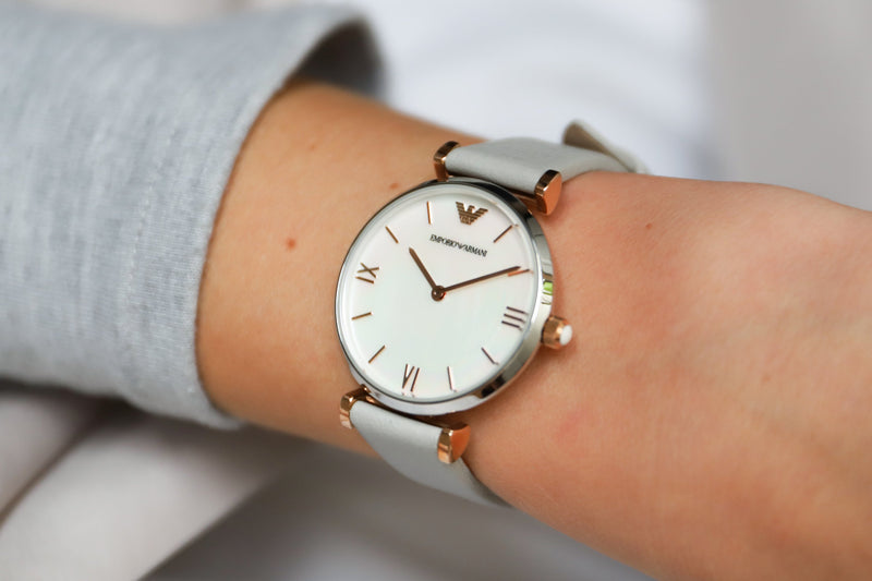 Emporio Armani Gianni T Bar Quartz Mother of Pearl Dial White Leather Strap Watch For Women - AR1965 Buy Now By Emporio Armani