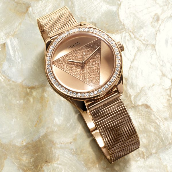Shop Guess Tri Glitz Quartz Diamonds Rose Gold Dial Rose Gold Mesh Bracelet Watch For Women - W1142L4 in USA