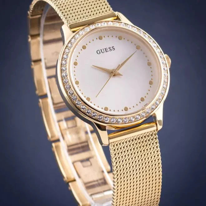Guess Chelsea Crystals Mother of Pearl White Dial Gold Mesh Bracelet Watch For Women - W0647L7