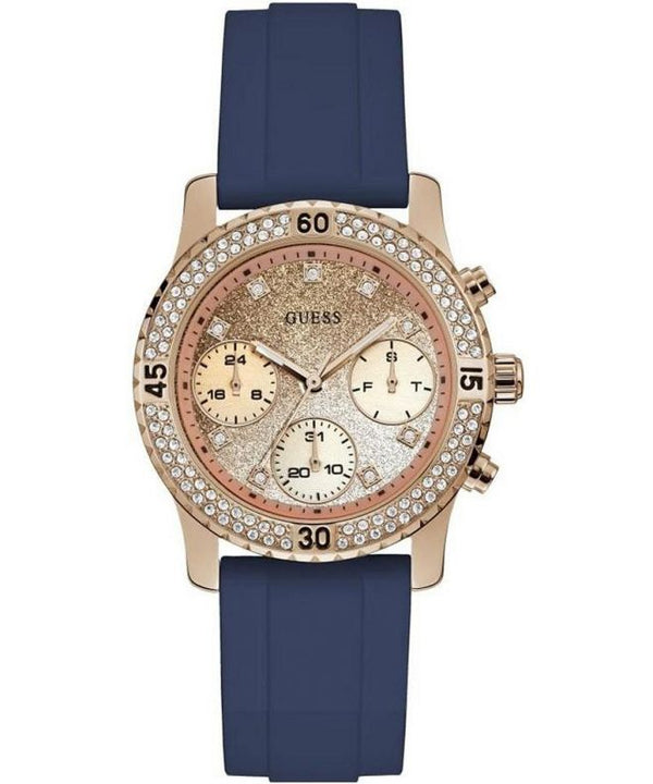 Guess Confetti Diamonds Gold Dial Blue Rubber Strap Watch For Women - W1098L6 Buy Now By Guess
