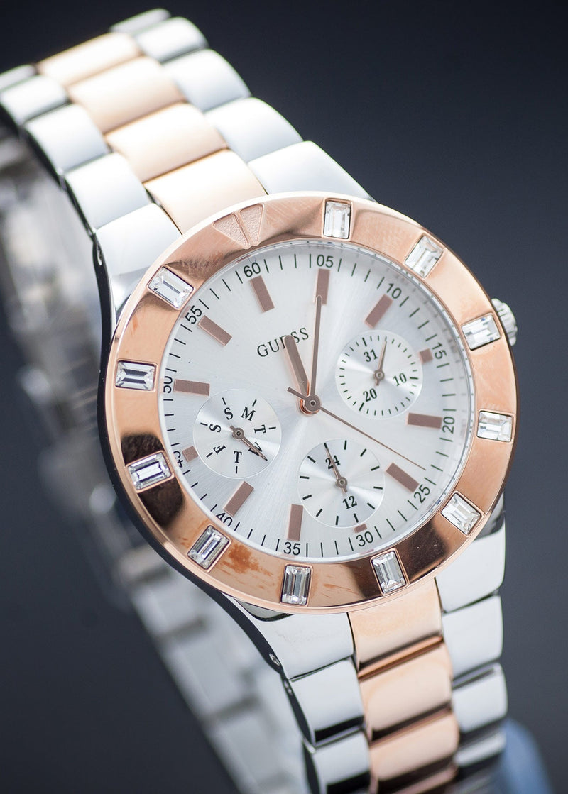 Guess Glisten Chronograph Analog Silver Dial Two Tone Steel Strap Watch For Women - W14551L1 Buy Now By Guess