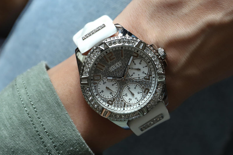 Guess Frontier Diamonds Silver Dial White Rubber Strap Watch For Women - W1160L4 Buy Now By Guess