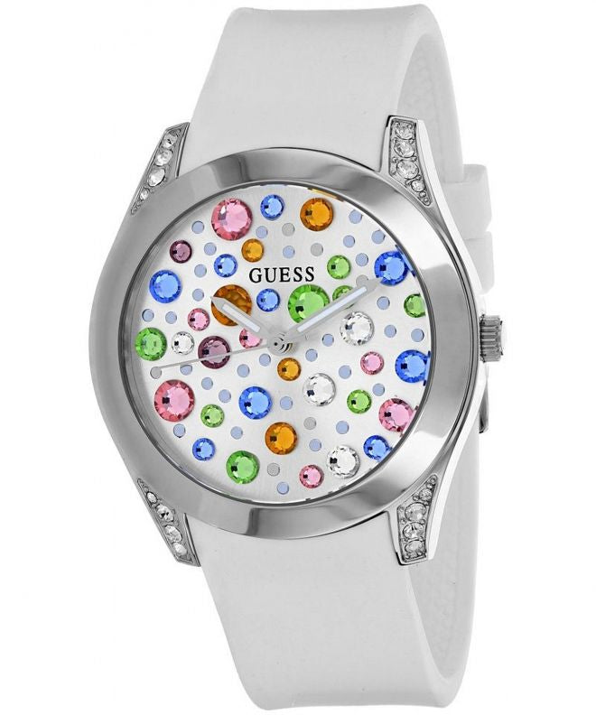 Guess Wanderlust Crystals Silver Dial White Rubber Strap Watch For Women - W1059L3 Buy Now By Guess