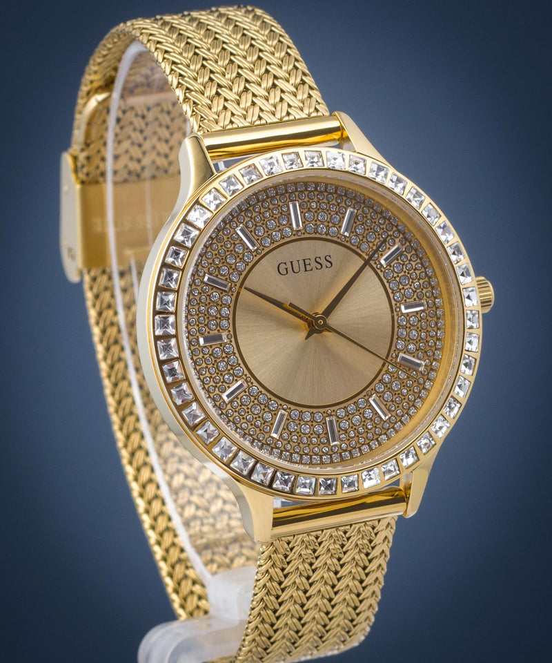 Shop Guess Soiree Diamonds Gold Dial Gold Mesh Bracelet Watch for Women - GW0402L2 in USA