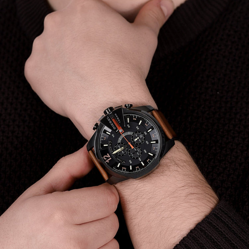 Diesel Mega Chief Quartz Chronograph Brown Leather Strap Watch For Men - DZ4343