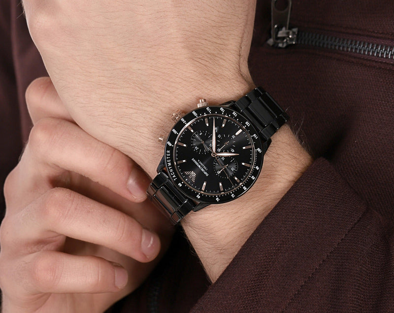 Emporio Armani Mario Ceramic Chronograph Black Dial Black Steel Strap Watch For Men - AR70002 Buy Now By Emporio Armani