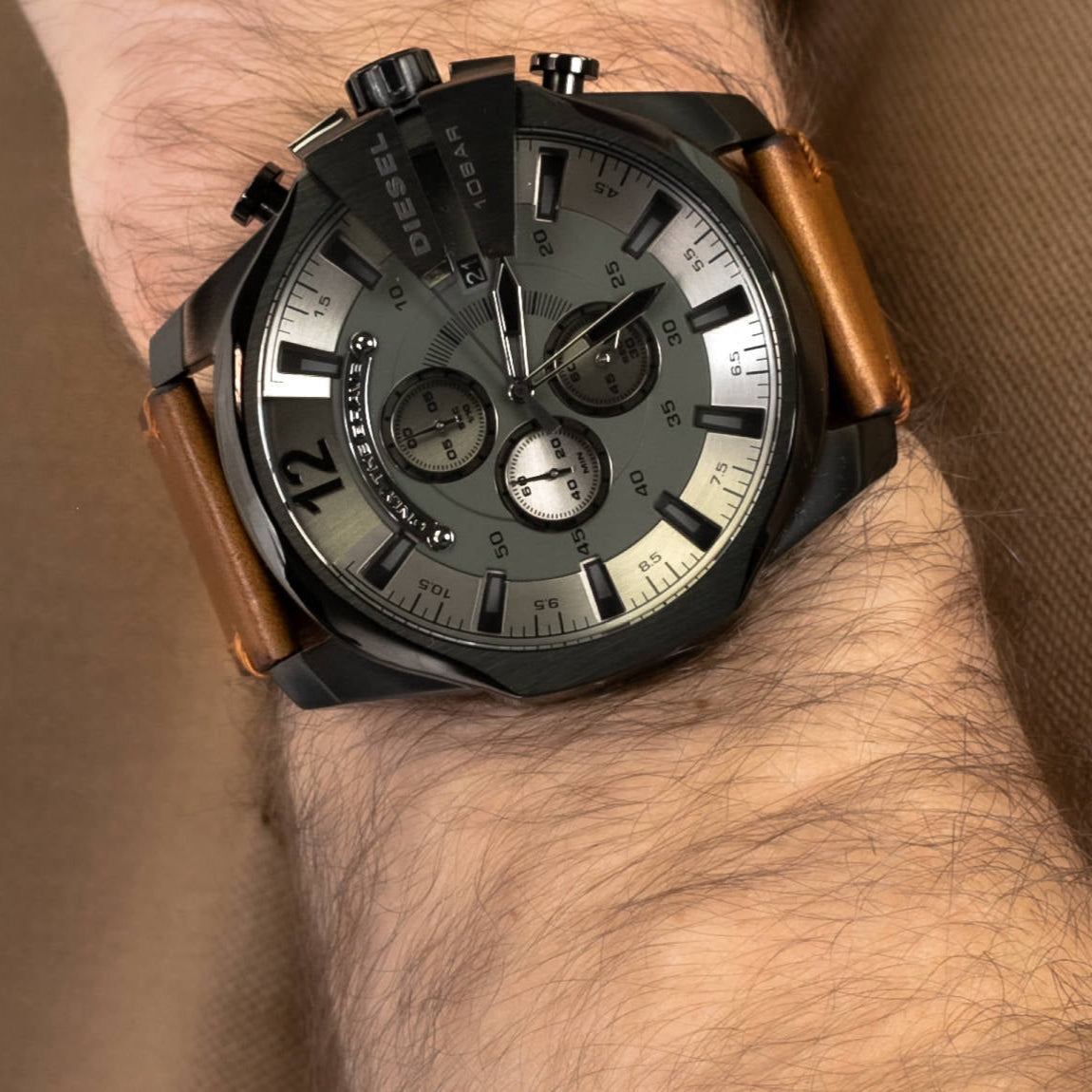 Diesel Mega Chief Chronograph Grey Dial Brown Leather Strap Watch For Men - DZ4463
