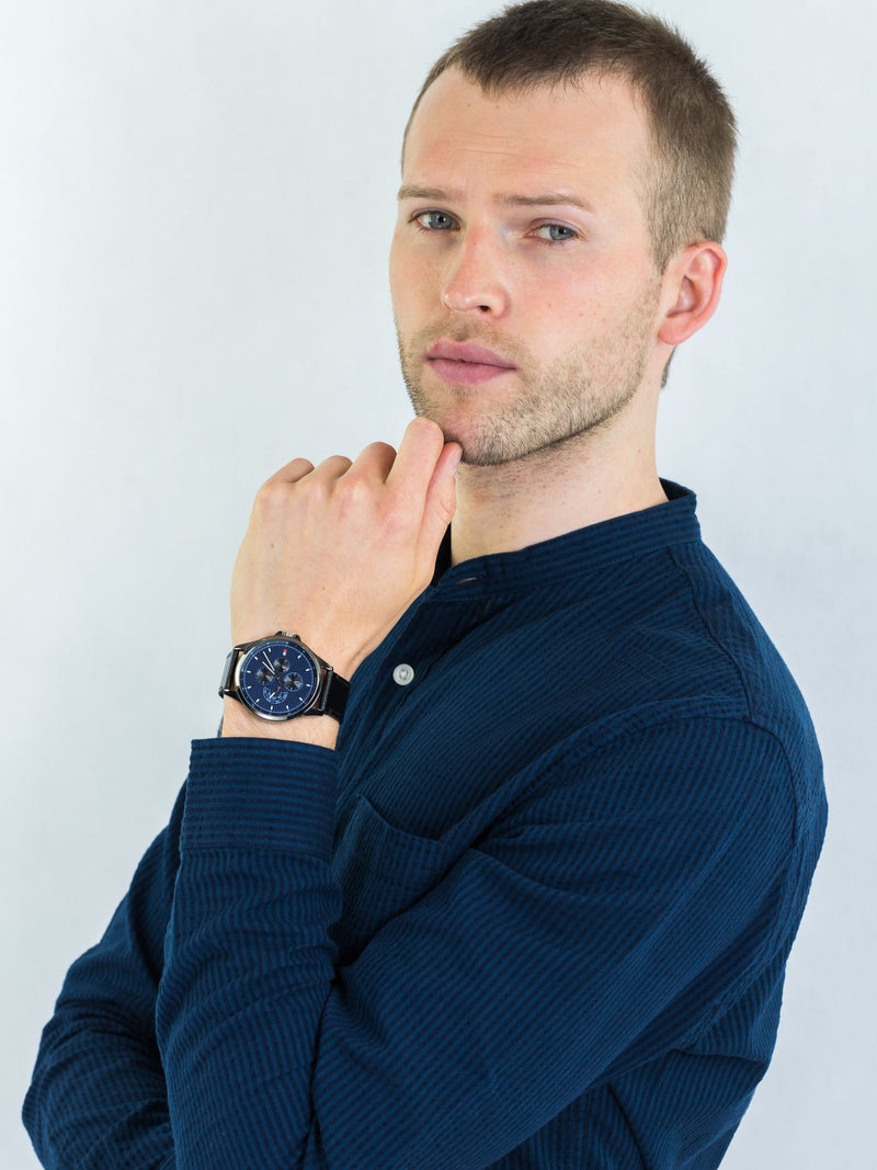 Tommy Hilfiger Shawn Multifunction Quartz Blue Dial Black Leather Strap Watch for Men - 1791616
