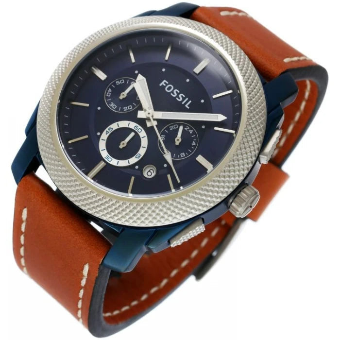 Fossil Machine Chronograph Blue Dial Brown Leather Strap Watch for Men - FS5232 Buy Now By Fossil