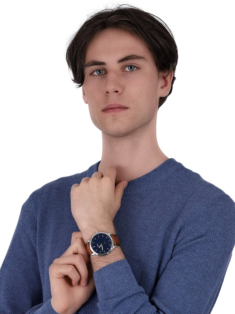 Fossil Minimalist Blue Dial Brown Leather Strap Watch for Men - FS5304 Buy Now By Fossil