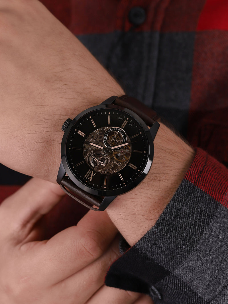 Fossil Townsman Automatic Black Dial Brown Leather Strap Watch for Men - ME3155 Buy Now By Fossil