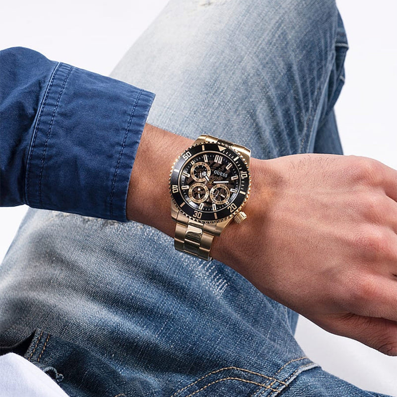 Guess Axle Multifunction Black Dial Gold Steel Strap Watch For Men - GW0488G2 Buy Now By Guess