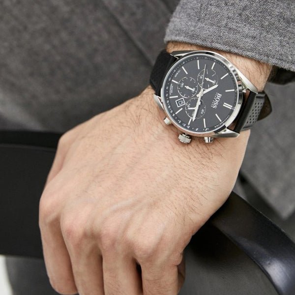 Shop Hugo Boss Champion Black Dial Black Leather Strap Watch for Men - 1513816 in USA
