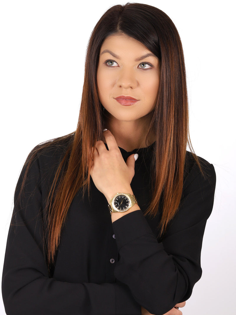 Guess Sparkler Diamonds Black Dial Gold Steel Strap Watch for Women - GW0111L2 Buy Now By Guess