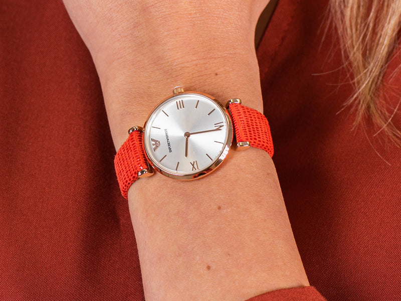 Emporio Armani Gianni T Bar Silver Dial Red Leather Strap Watch For Women - AR1876 Buy Now By Emporio Armani