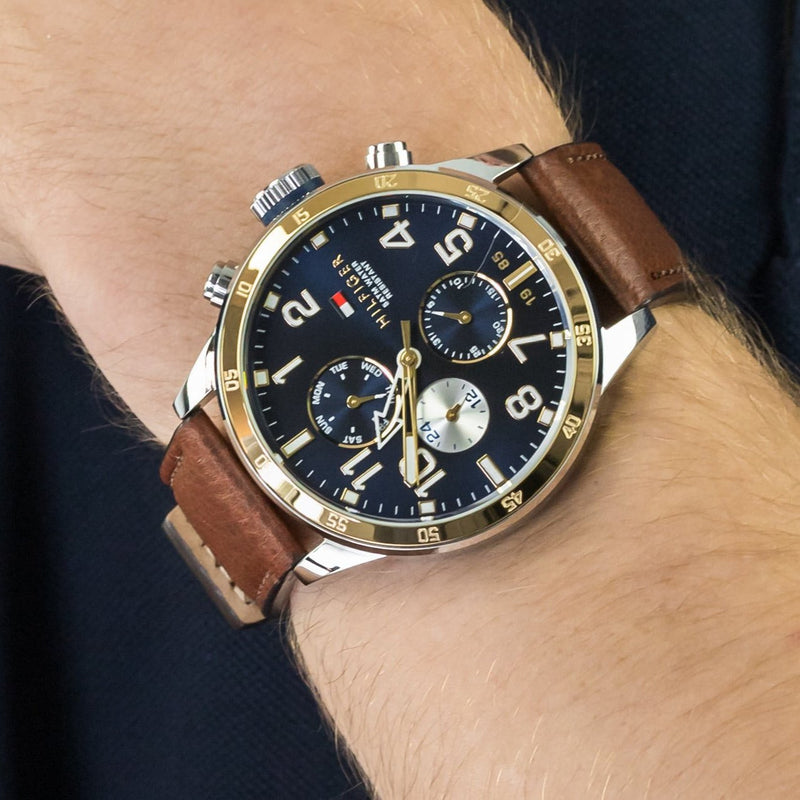 Shop Tommy Hilfiger Sport Multifunction Blue Dial Brown Leather Strap Watch for Men - 1791137 in USA