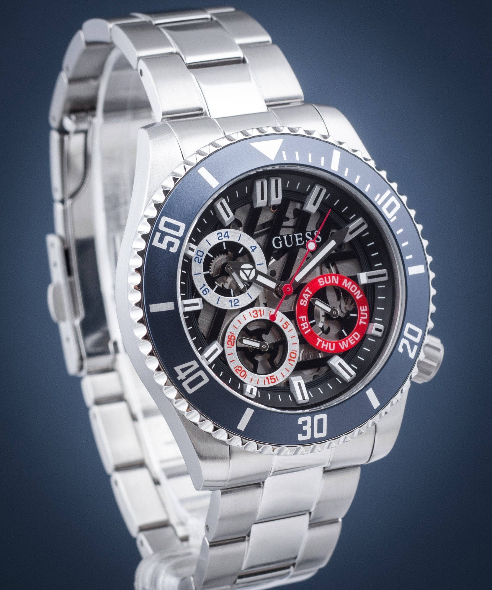 Guess Axle Multifunction Black Dial Silver Steel Strap Watch For Men - GW0488G1