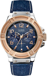 Guess Rigor Analog Blue Dial Blue Denim Strap Watch For Men - W0040G6 Buy Now By Guess
