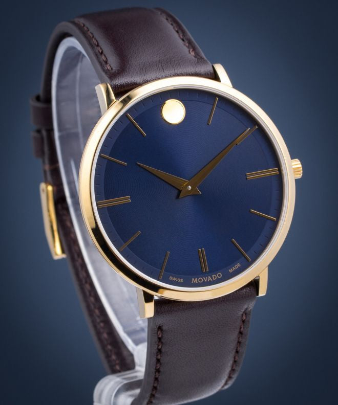 Movado Ultra Slim Blue Dial Brown Leather Strap Watch For Men - 0607088 Buy Now By Movado