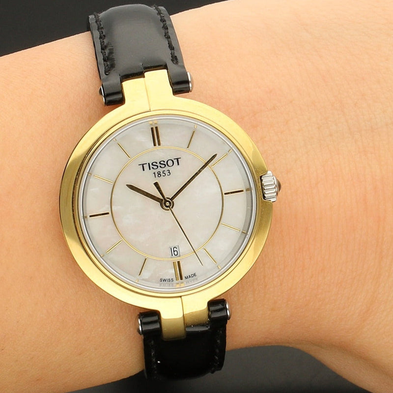 Tissot Flamingo Mother of Pearl White Dial Black Leather Strap Watch For Women - T094.210.26.111.00 Buy Now By Tissot