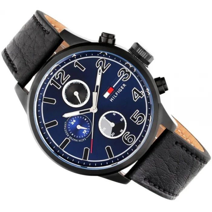Shop Tommy Hilfiger Jackson Quartz Blue Dial Black Leather Strap Watch for Men - 1791241 in USA