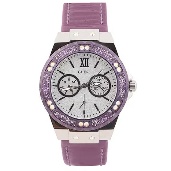 Shop Guess Limelight Quartz Silver Dial Purple Leather Strap Watch For Women - W0775L6 in USA